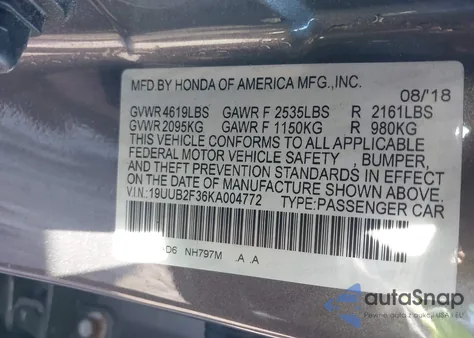 2019 Acura Tlx Standard from USA, damaged, VIN 19UUB2F36KA004772